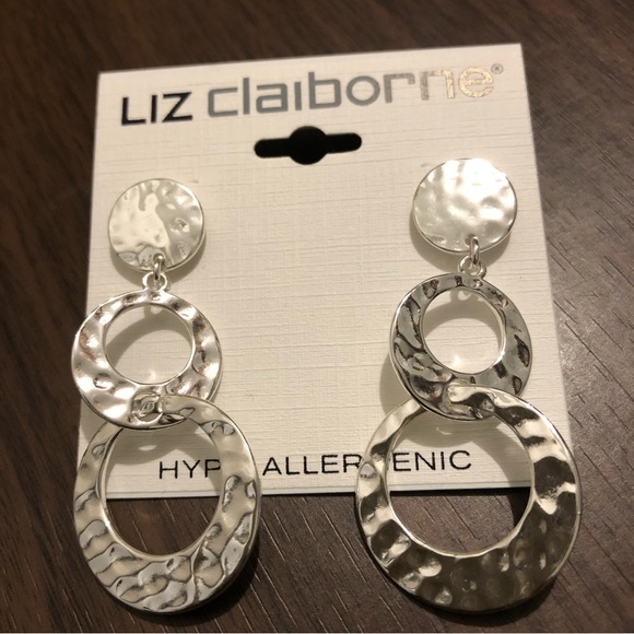 2” Liz Claiborne Hypoallergenic Silver Tone Round Circles Dangle earrings B22 - Picture 3 of 9